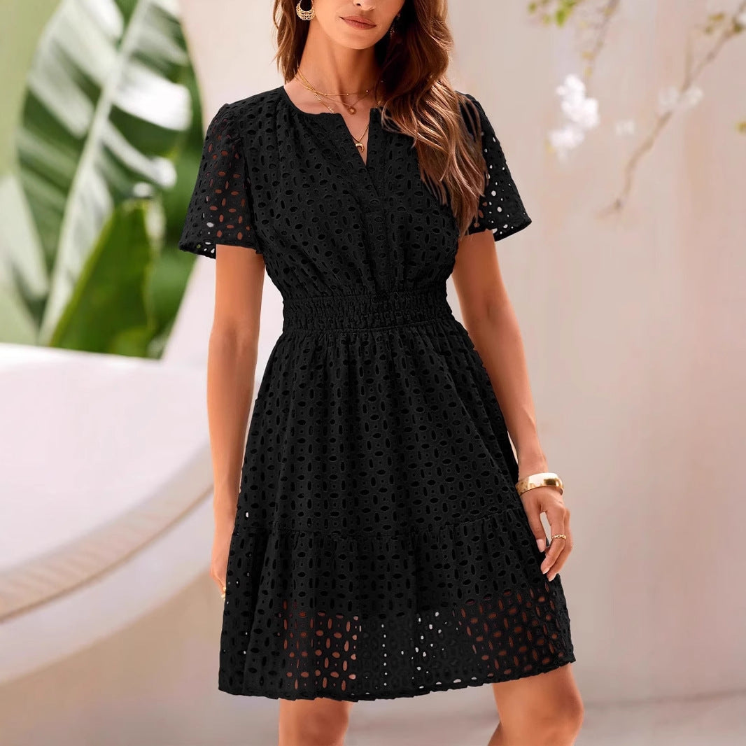 Women’s A-Line Dress - Eyelet Fabric - Smocked Waist - V-Neck - Short Puff Sleeve