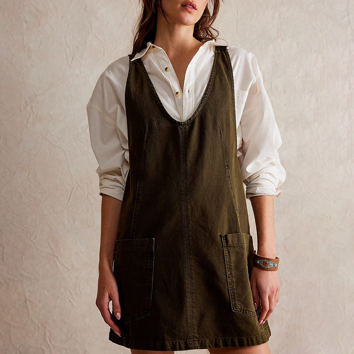 Women’s Mini Dress – Natural Fibers – Relaxed Fit – Deep V-Neck – Sleeveless with Pockets