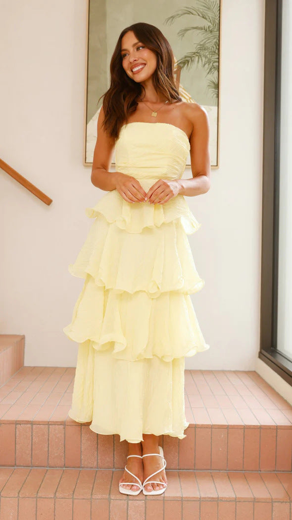 Women’s Strapless Midi Dress – Fitted Bodice – Tiered Ruffle Skirt – Lightweight Flowing Fit