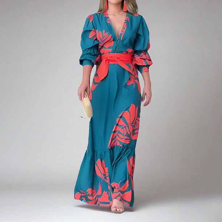 Women’s Maxi Dress – Plunging V-Neck – Puff Shoulder – Belted Waist – Ruffle Hem