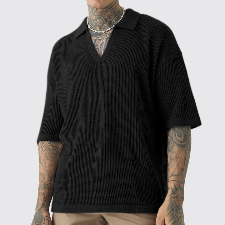 Men’s Short Sleeve Shirt – Relaxed Fit – Soft Knit – V-Neck Collar – Casual Style