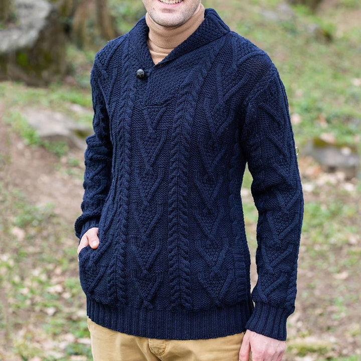 Men’s Pullover Sweater – Cable Knit – Relaxed Fit – Shawl Collar with Button Detail