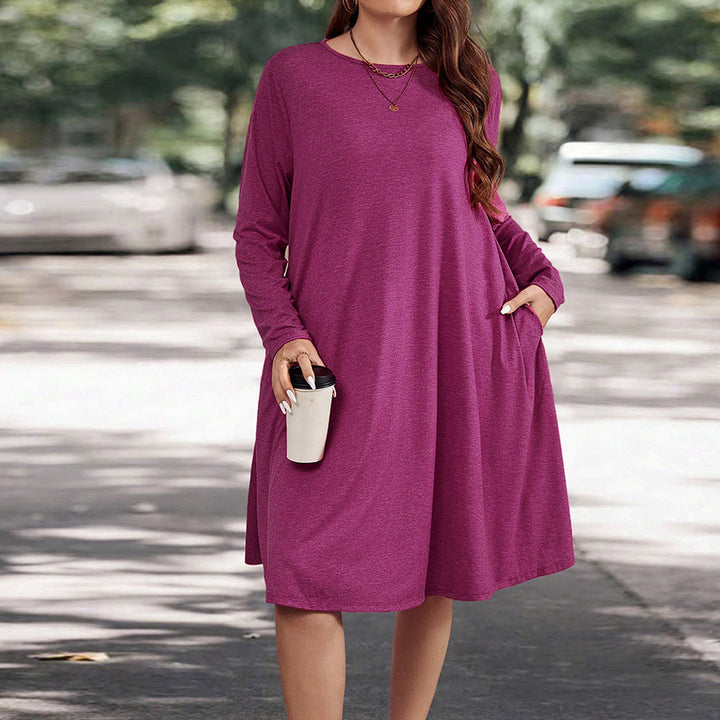 Women’s Long Sleeve Dress – Relaxed Fit – Flowy Knit – Mid-Length with Pockets