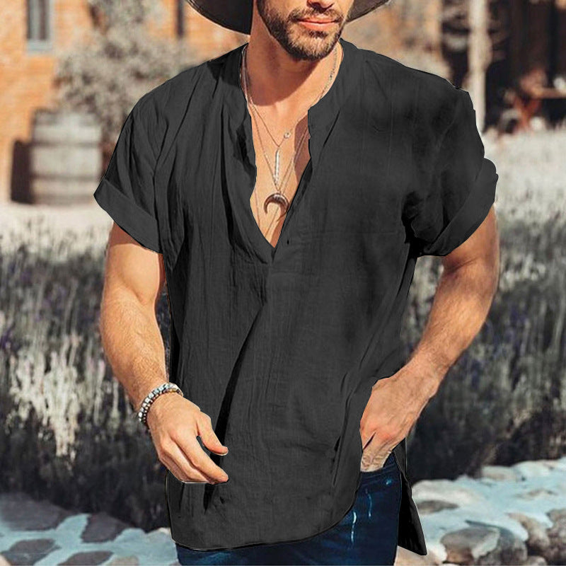 Men’s Casual Shirt – Relaxed Fit – Short Sleeve – V-Neck – Breathable Natural Fibers