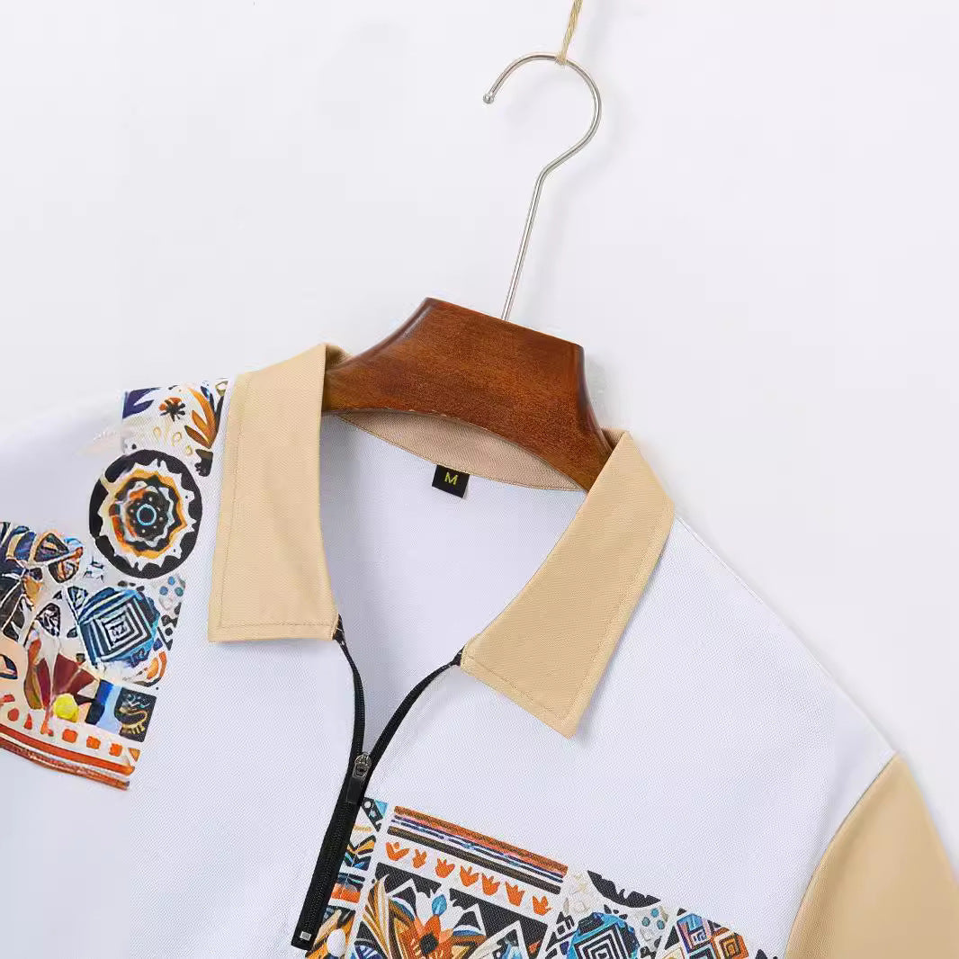 Men’s Shirt and Shorts Set - Cotton - Regular Fit - Decorative Zipper and Pattern Trim