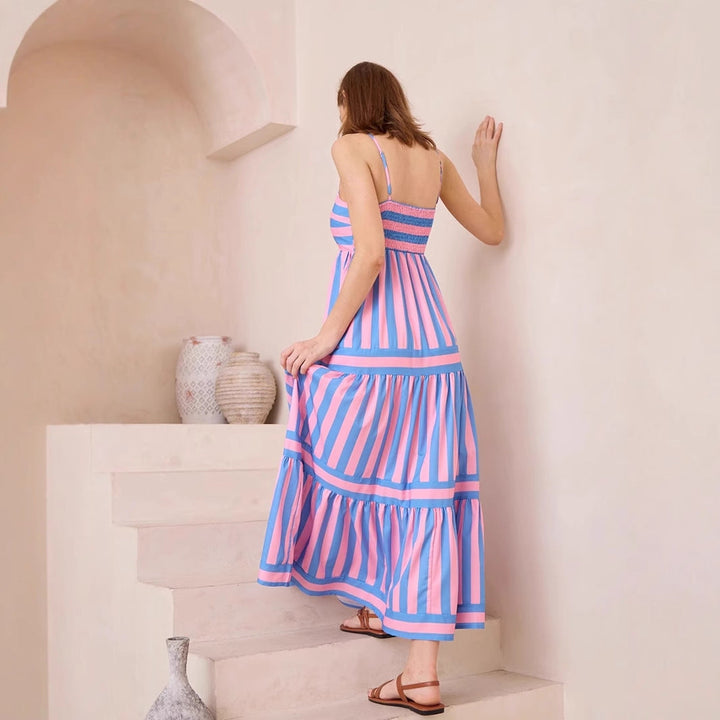 Women’s Maxi Dress – Cotton – Tiered Skirt – Striped – Spaghetti Strap – Flowy Fit