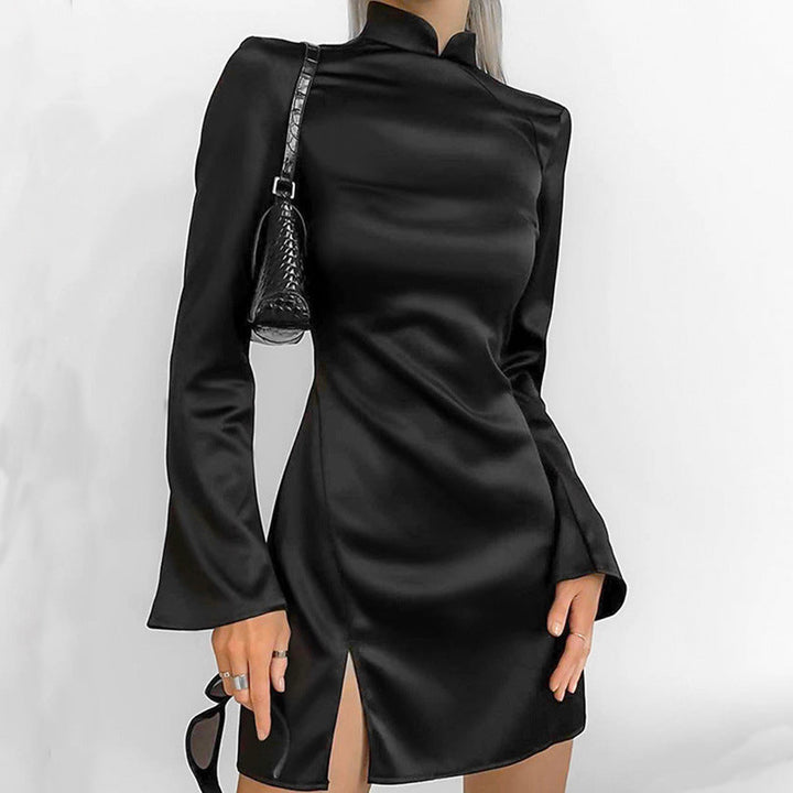Women’s Mini Dress – Satin Finish – High Neck – Long Sleeve – Fitted Silhouette