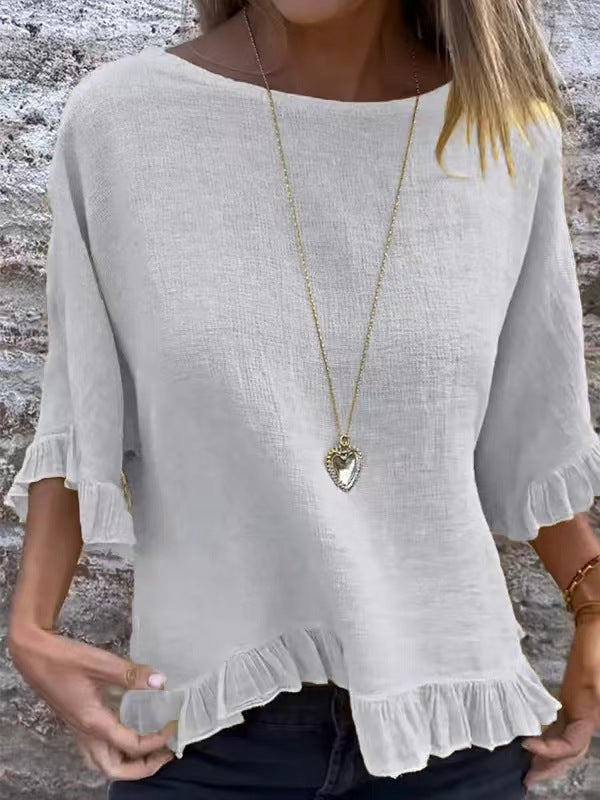 Women’s Blouse – Cotton Linen – Relaxed Fit – Ruffle Hem – Round Neck – Short Sleeve