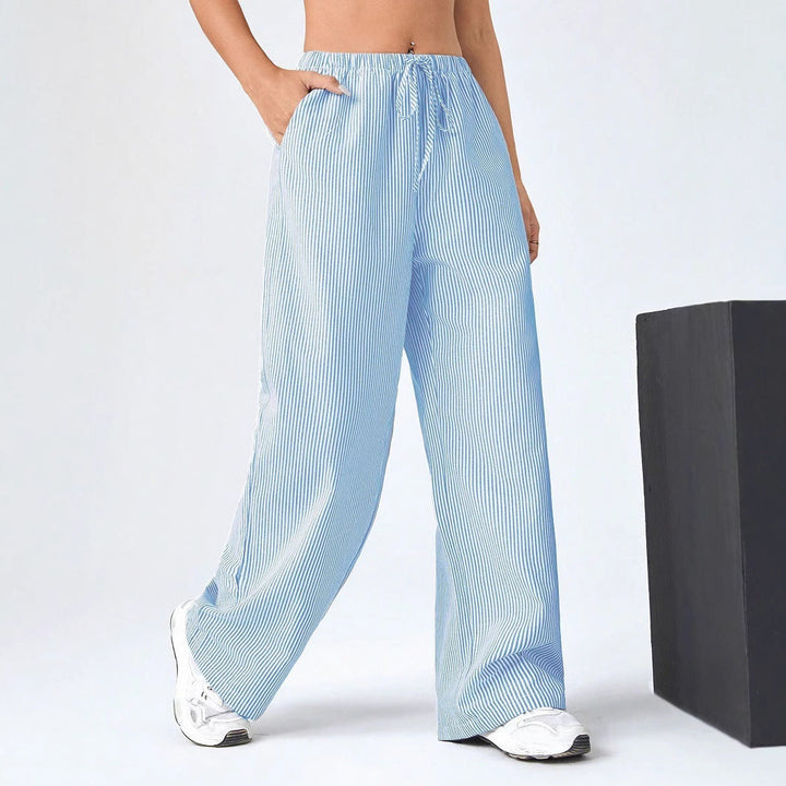 Women’s Straight-Leg Pants – Relaxed Fit – Breathable Fabric – Drawstring Waist – Striped