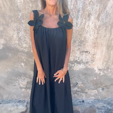 Women’s Maxi Dress – Relaxed Fit – Flowing Silhouette – Floral Shoulder Accents – Breathable Blend