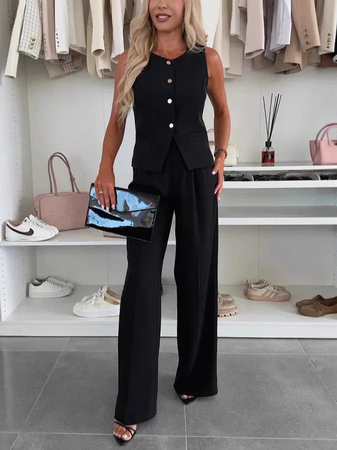 Women’s Blazer and Trousers Set – Tailored Fit – Sleeveless Blazer – Wide-Leg Pants