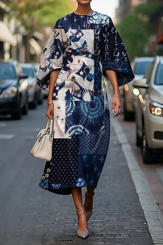 Women’s Midi Dress – Luxury Fabric – A-Line Fit – Kimono Sleeves – Floral Print