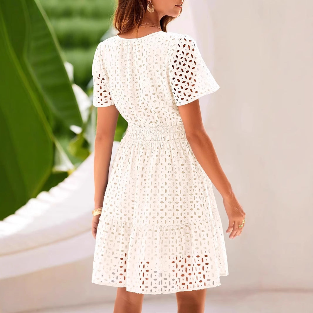 Women’s A-Line Dress - Eyelet Fabric - Smocked Waist - V-Neck - Short Puff Sleeve