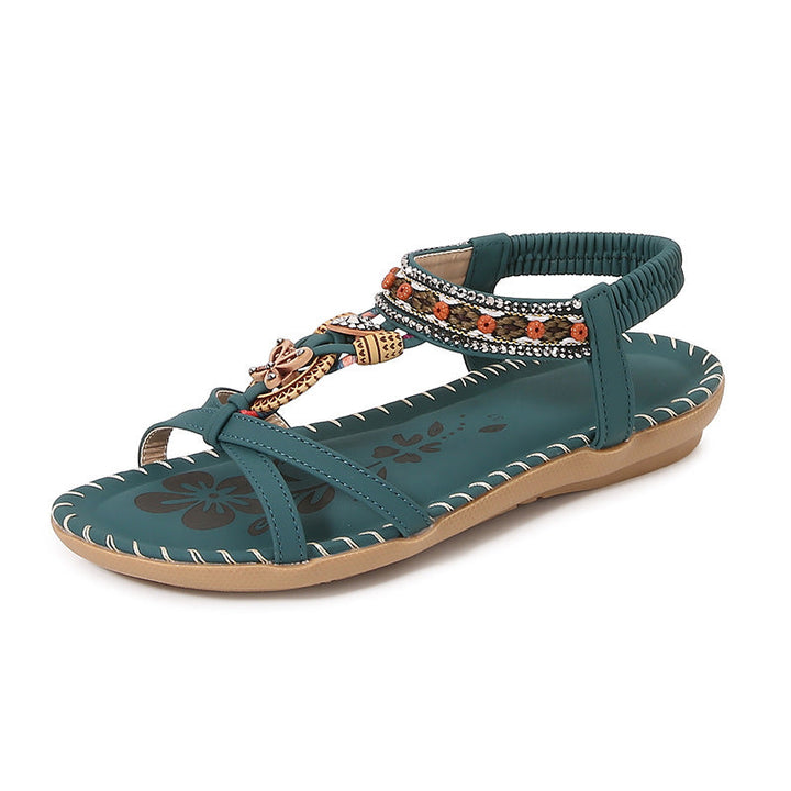 Women's Flat Sandals – Braided Strap – Rhinestone Embellished – Open Toe Casual Style