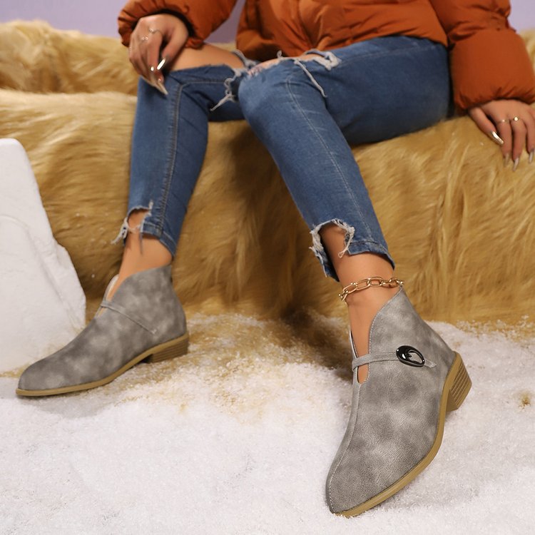 Women’s Ankle Boots – Suede Finish – Pointed Toe – Buckle Strap – Low Block Heel