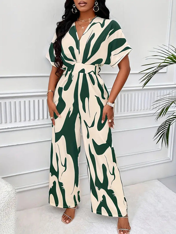 Women’s Jumpsuit - V-Neck - Short Sleeve - Wide Leg - Defined Waist - Abstract Pattern