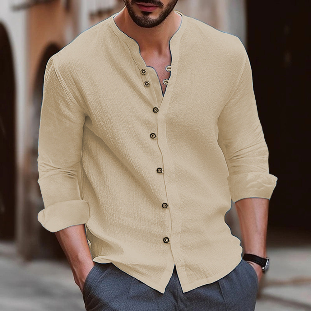 Men’s Long Sleeve Shirt - Cotton Linen Blend - Relaxed Fit - Band Collar Button-Up Casual Wear