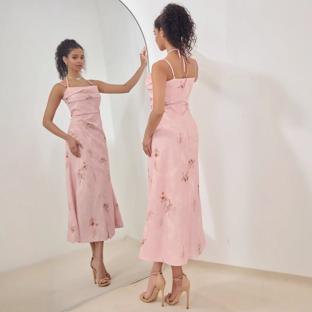 Women’s A-Line Dress – Embroidered Floral – Spaghetti Strap – Draped Neck – Midi Length