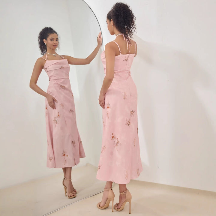 Women’s A-Line Dress – Embroidered Floral – Spaghetti Strap – Draped Neck – Midi Length