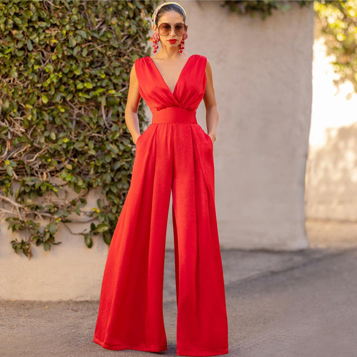 Women’s Jumpsuit - Sleeveless V-Neck - Wide Leg - Fitted Waist - Elegant Silhouette