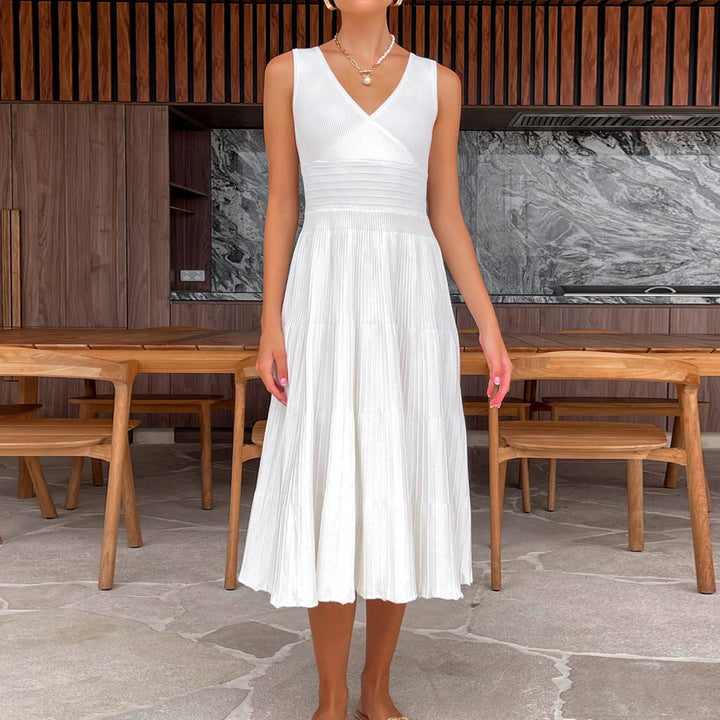 Women’s Midi Dress – Soft Knit – Sleeveless – V-Neck – High Waist – Pleated A-Line