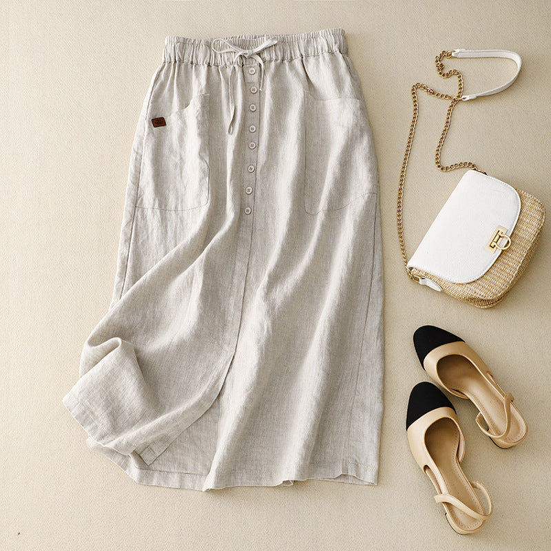 Women’s Mid-Length Skirt – A-Line Fit – Natural Fibers – Drawstring Waist – Front Pockets