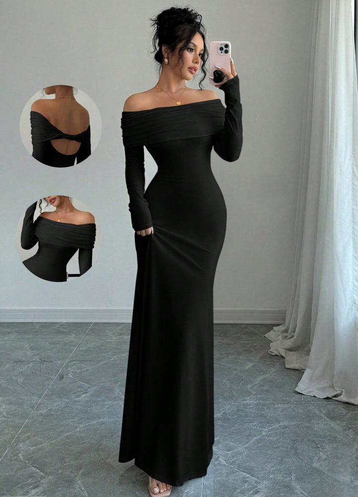 Women's Off-Shoulder Evening Gown - Long Sleeve - Back Twist Knot Elegant Style