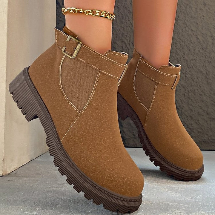 Women’s Ankle Boots - Faux Leather - Round Toe - Thick Sole - Retro Buckle Detail