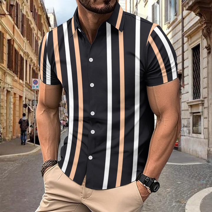Men’s Short Sleeve Shirt - Slim Fit - Cotton - Vertical Stripe - Casual