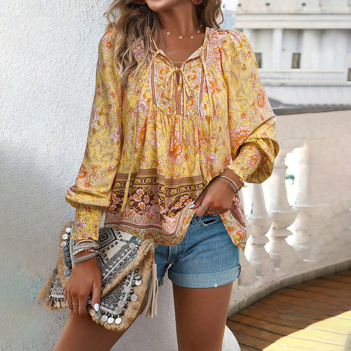 Women’s Blouse – Relaxed Fit – Tie Neck – Long Sleeve – Boho Style – Breathable Fabric