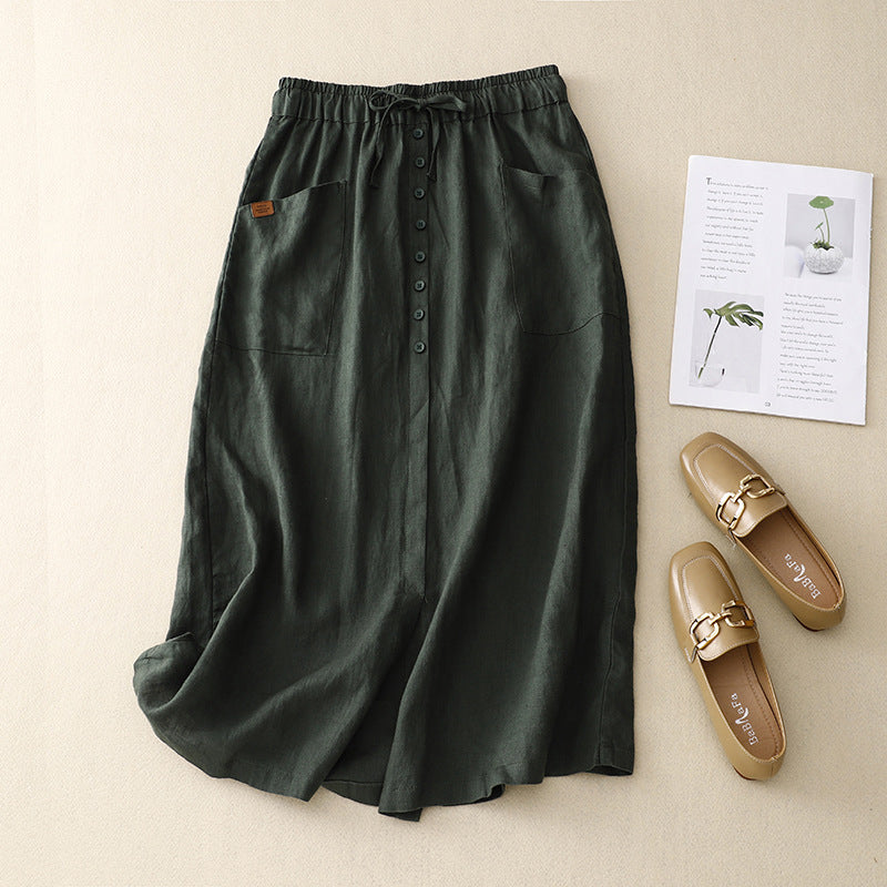 Women’s Mid-Length Skirt – A-Line Fit – Natural Fibers – Drawstring Waist – Front Pockets