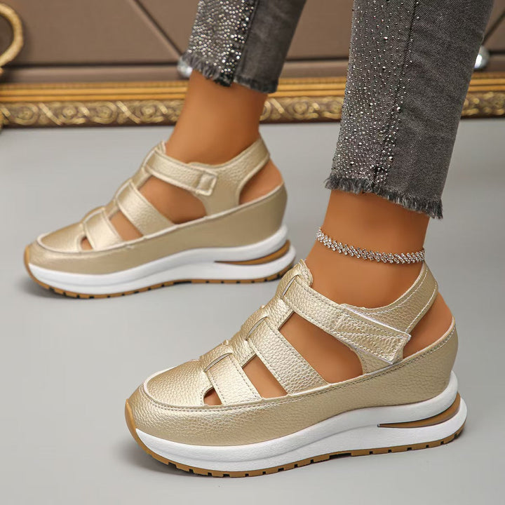 Women’s Wedge Sandals - Closed Toe - Platform Sole - Cut-Out Design - Adjustable Strap