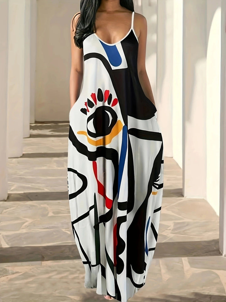 Women’s Maxi Dress – Abstract Print – Loose Fit – Cotton Blend – Spaghetti Strap