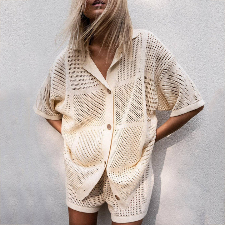 Women’s Two-Piece Knit Set – V-Neck Button Shirt – Drawstring Shorts – Relaxed Fit