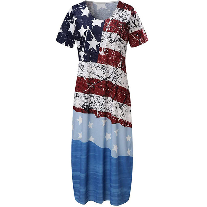 Women’s Maxi Dress – Relaxed Fit – V-Neck – Short Sleeve – Cotton Blend – Graphic Print
