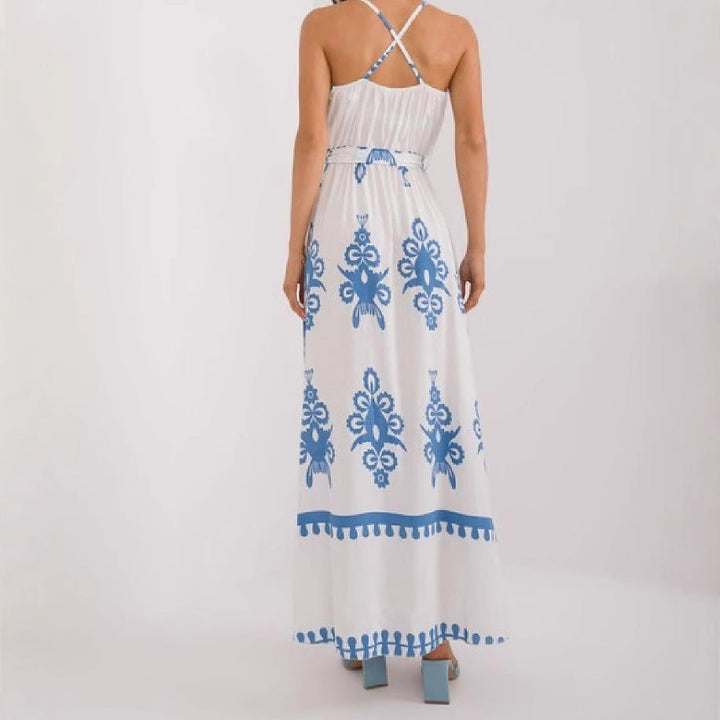 Women’s Maxi Dress – V-Neck – Sleeveless – Lightweight Cotton – Flowing Fit – Tie Waist