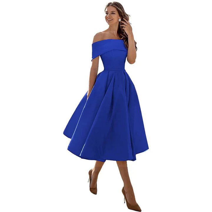 Women's Off-the-Shoulder Midi Dress - Fitted Bodice - Pleated Flared Skirt - Elegant Formal Wear