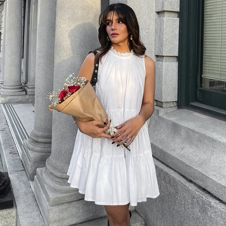 Women’s A-Line Dress - Sleeveless Tiered Design - Ruffled High Neck - Lightweight Fit