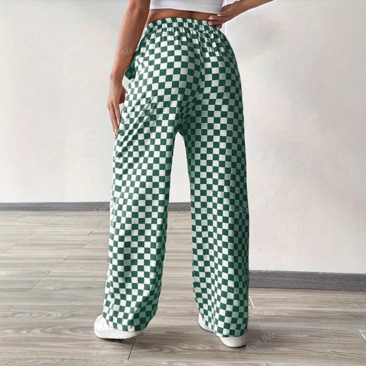 Women’s Wide-Leg Pants – Checkered Pattern – Relaxed Fit – Elastic Waist – Lightweight Cotton