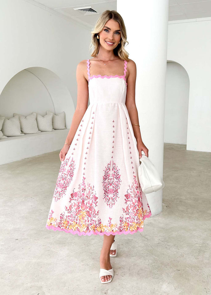 Women’s Midi Dress – Sleeveless Thin Straps – Square Neck – Floral Hem – Lightweight Cotton