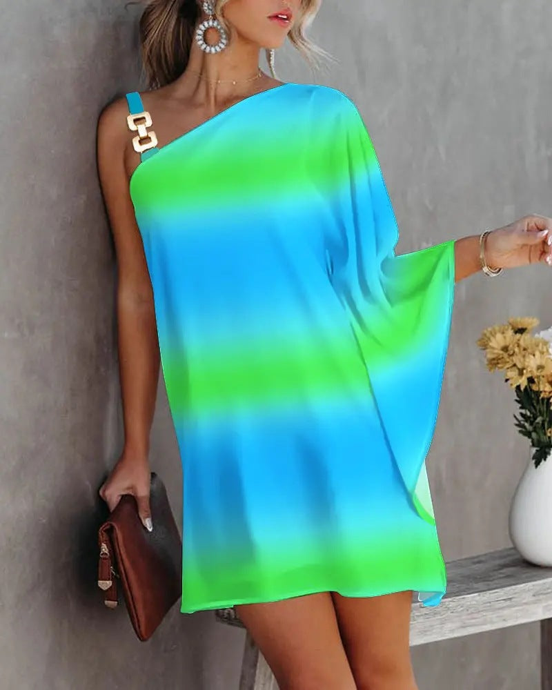 Women’s Off-Shoulder Dress – Relaxed Fit – Bat Sleeve – Metal Strap Accent – Knee Length