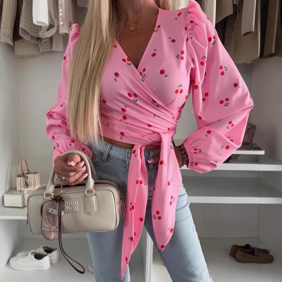 Women’s Wrap Top – Deep V-Neck – Long Sleeve – Tie Waist – Lightweight Printed Fabric