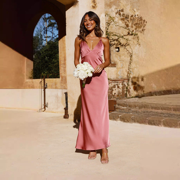 Women’s Maxi Slip Dress – V-Neck – Spaghetti Straps – Elegant Flowing Silhouette