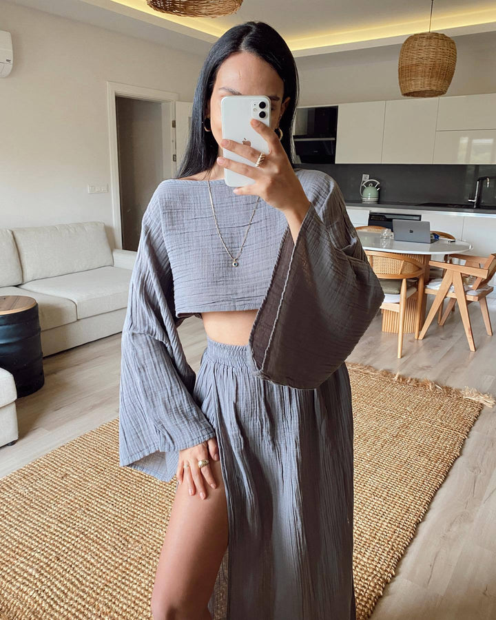 Women’s Two-Piece Set – Cotton Blend – Boat Neck Crop Top – High Slit Maxi Skirt