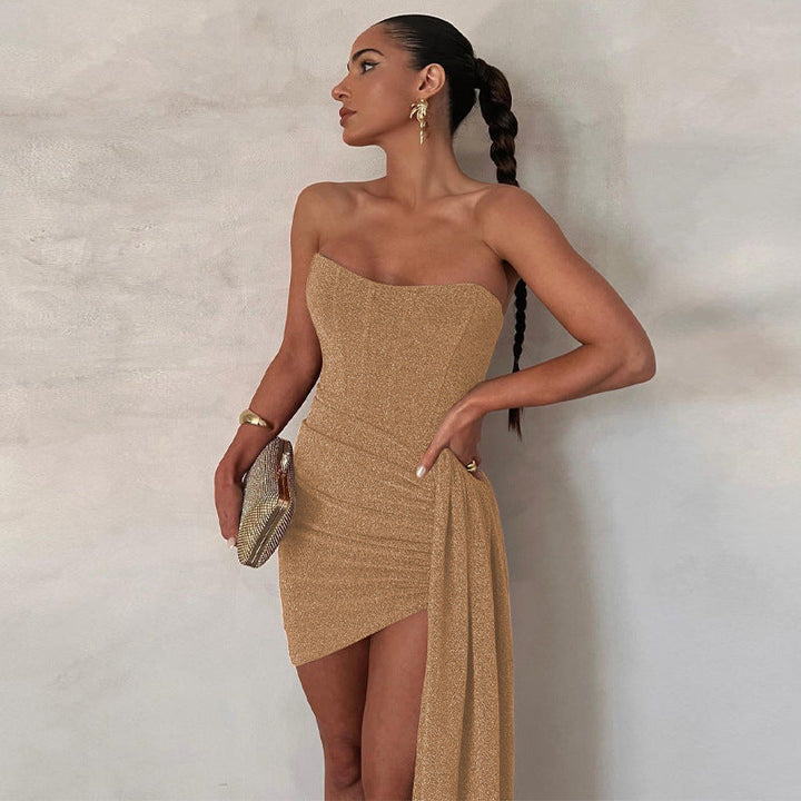 Women’s Strapless Evening Dress - Bodycon Fit - Asymmetrical Hem - Draped Slit Skirt
