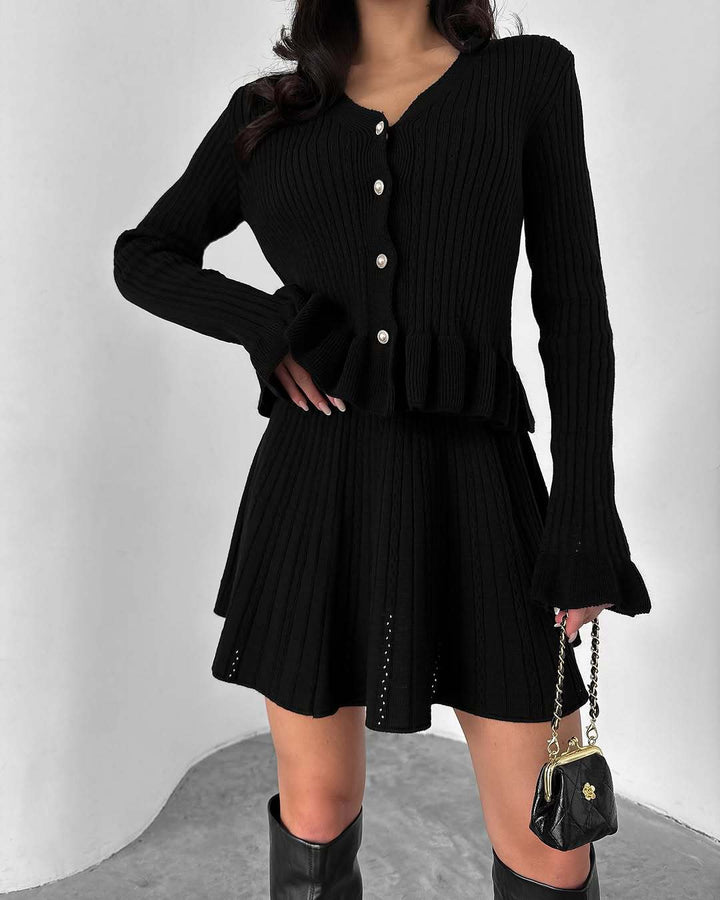 Women’s Knit Set – Ribbed V-Neck Long Sleeve Top – Flared Mini Skirt – Soft Stretch Fit