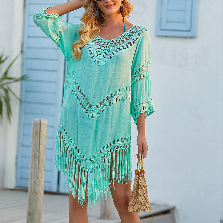 Women’s Cover-Up Dress – Relaxed Fit – Crochet Trim – Fringe Hem – Breathable Blend