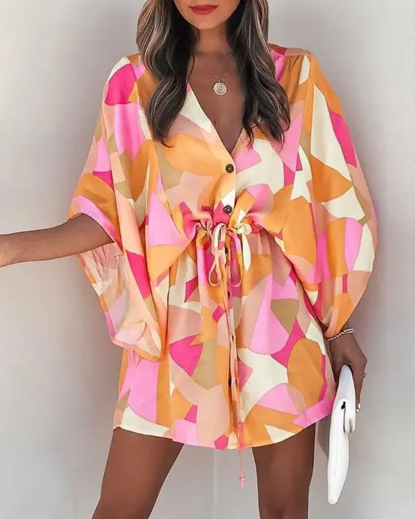 Women’s Mini Dress – Flowy Fit – V-Neck – Lace-Up Waist – Flutter Sleeve – Button Front
