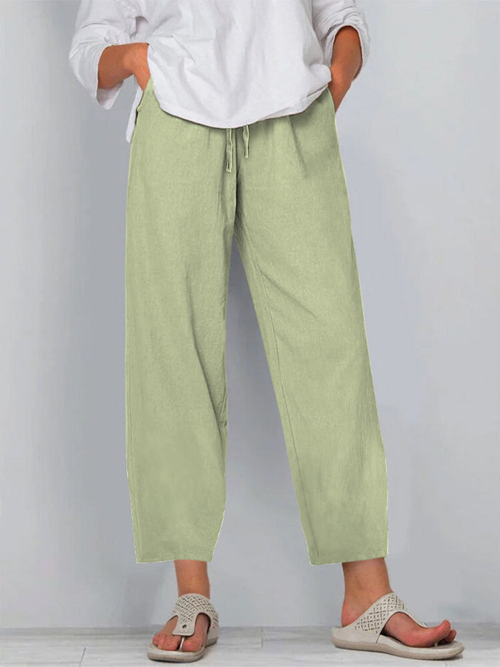 Women’s Wide-Leg Pants – Cotton Linen – Relaxed Fit – Elastic Waist with Drawstring – Full Length