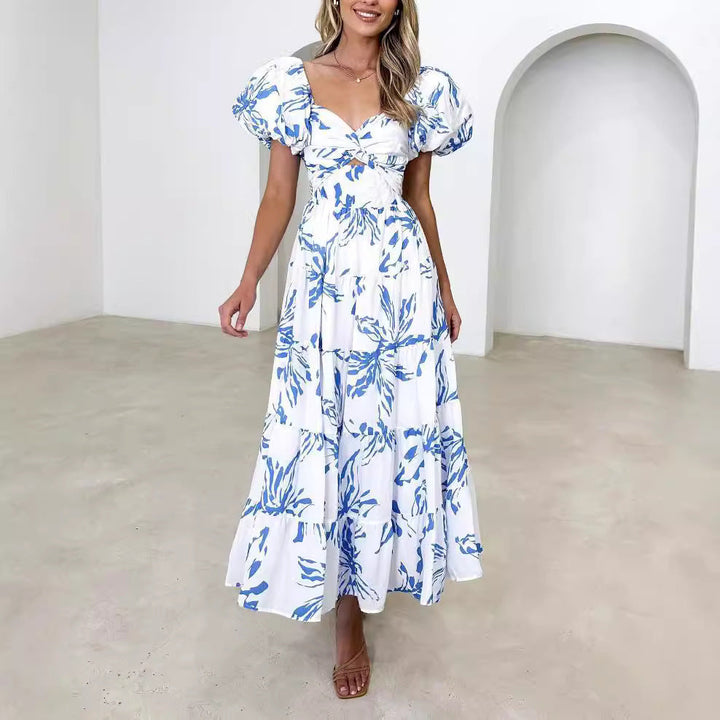 Women’s Maxi Dress – Sweetheart Neckline – Puff Sleeve – Fitted Waist – Flowy Skirt